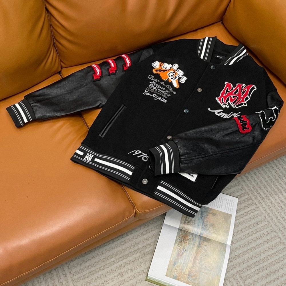 AMIRI Black Varsity Bomber Jacket with Red & White Accents